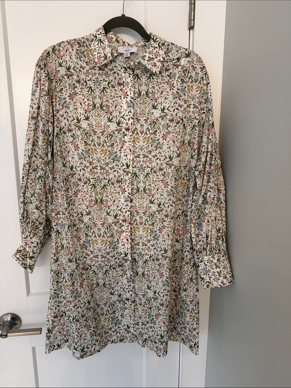 J. Crew Women's Ivory Floral Button-Down Shirt Dress with Green and Pink Print